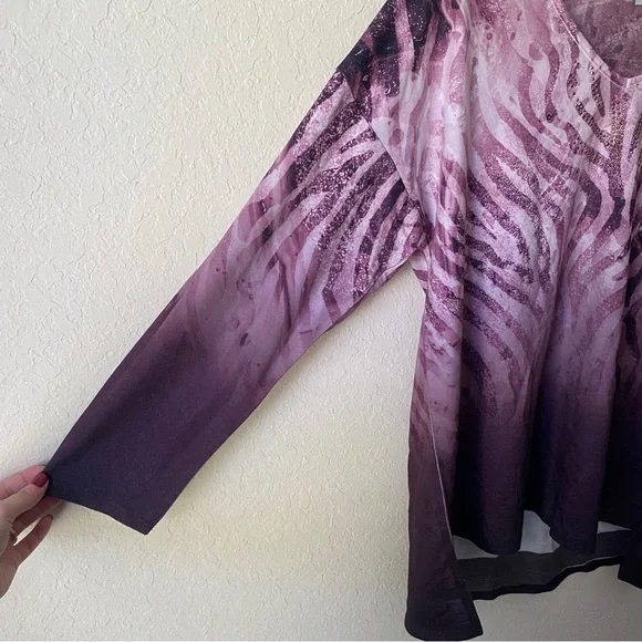 One World | Women's Boho Sparkle Patterned 3/4 Sleeve Top Size Large NWT Purple - Picture 5 of 8